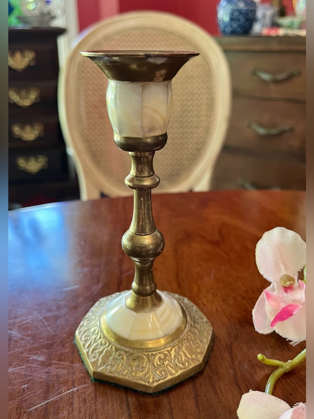 Vintage Brass Mother of Pearl Inlay Candlestick Holder Mosaic Taper Stand